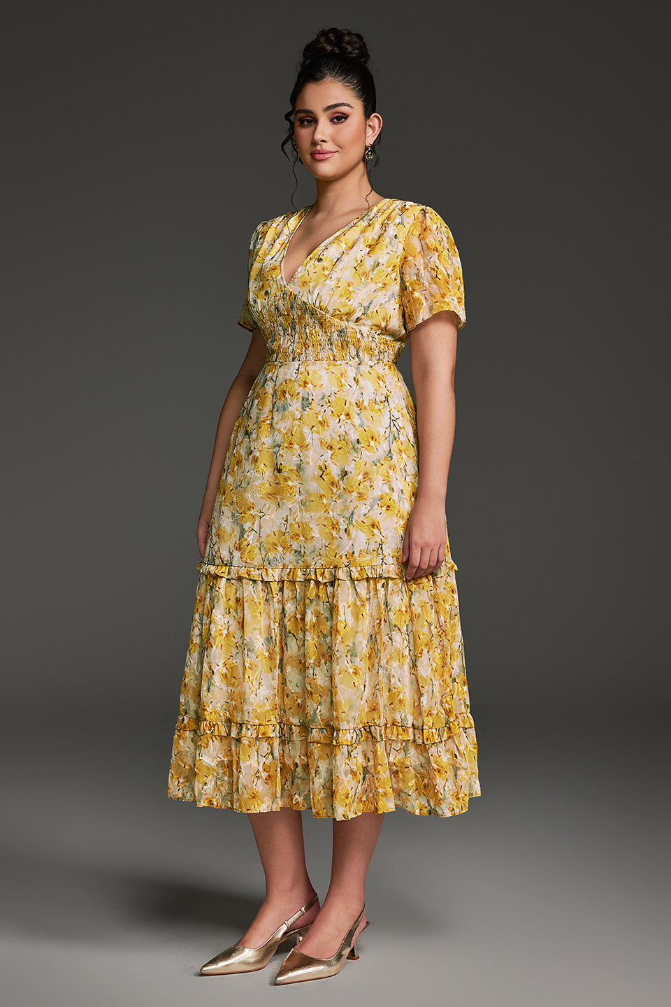 Curveins Plus Size V-Neck Floral Ruffle Sleeve Maxi Dress