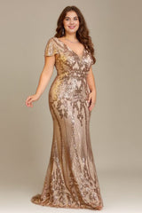 Curveins Plus Size V Neck Short Sleeve Bodycon Sequin Party Maxi Dress