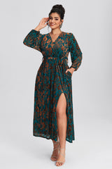 Curveins Plus Size Green Floral Velvet Wrap Maxi Dress