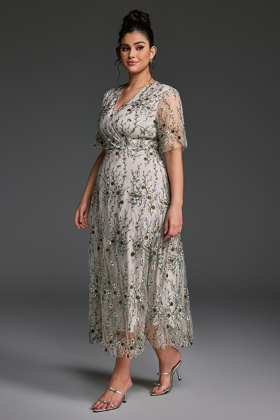 Curveins Plus Size V-Neck Ruffle Sleeve Embroidered Maxi Dress