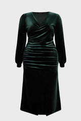 Curveins Plus Size V-Neck Long Sleeves Side Slit Bodycon Maxi Dress