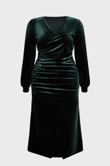 Curveins Plus Size V-Neck Long Sleeves Side Slit Bodycon Midi Dress