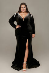 Curveins Plus Size V-Neck Long Sleeve Split Bodycon Maxi Dress