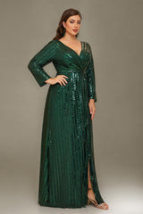Curveins Plus Size V-Neck Sparkling Striped Sequin Evening Maxi Dress
