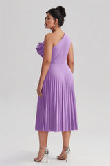 Curveins Plus Size Slimming Asymmetric One-Shoulder Ruffle Trim Pleated Dress