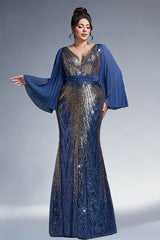Curveins Plus Size Sparkling V-Neck Batwing Long-Sleeve Curve-Fit Maxi Dress