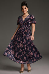 Curveins Plus Size Velvet Surplice Vintage Plain Maxi Dress