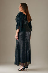 Curveins Plus Size V Neck Long Sleeve Sequin Slim Fit Maxi Dress