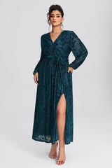 Curveins Plus Size Green Floral Velvet Wrap Maxi Dress