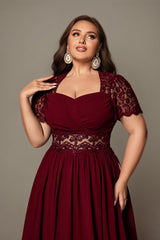 Curveins Plus Size Strapless Embroidered Short Sleeve Waist Cinch A-Line Maxi Dress