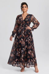 Curveins Plus Size V Neck Long Sleeve Floral Cinched Waist Maxi Dress