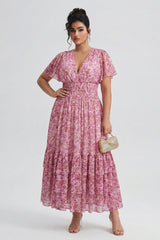 Curveins Plus Size Floral Smocked Waist Ruffle Sleeve Maxi Dress