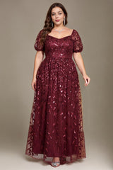 Curveins Plus Size Short Sleeve Embroidered Sequin Puff Sleeve Elegant Maxi Dress