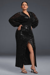 Curveins Plus Size V-Neck Striped Sequin Long Sleeve Slit Maxi Dress
