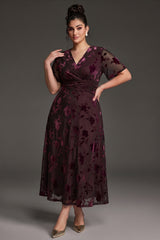 Curveins Plus Size Velvet Surplice Vintage Plain Maxi Dress