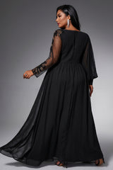 Curveins Plus Size Crew Neck Long Sleeve Side Slit Elegant Maxi Dress