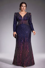 Curveins Plus Size V Neck Long Sleeve Sequin Cinched Waist Bodycon Maxi Dress