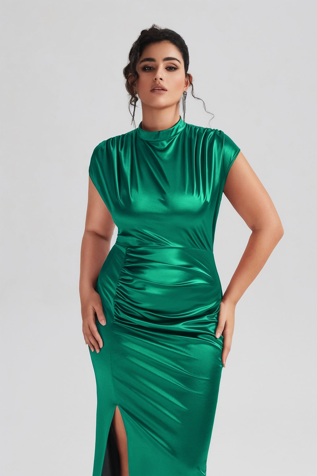 Plus Size Satin High-Waisted Green Maxi Dress