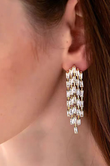 Close-up of Curveins Crystal Drop Dangle Earrings featuring cascading rectangular crystals with a gold-tone base.