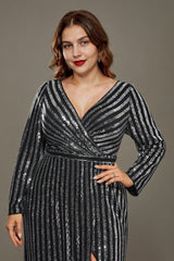 Curveins Plus Size V-Neck Sparkling Striped Sequin Evening Maxi Dress