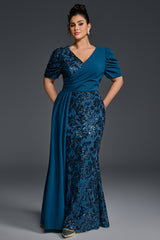 Curveins Plus Size V-Neck Sequin Patchwork Pattern Maxi Dress