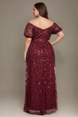 Curveins Plus Size Short Sleeve Embroidered Sequin Puff Sleeve Elegant Maxi Dress