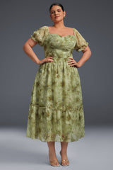 Curveins Plus-Size Draped Collar Puff Sleeve Floral Print Maxi Dress