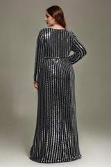 Curveins Plus Size V-Neck Sparkling Striped Sequin Evening Maxi Dress