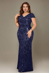 Curveins Plus Size V Neck Ruched Cross Front Sequin Mermaid Bodycon Maxi Dress