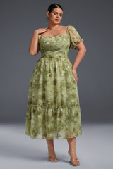 Curveins Plus-Size Draped Collar Puff Sleeve Floral Print Maxi Dress