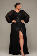 Curveins Chic Plus Size Sequin Maxi Dress With V-Neck Lantern Sleeves