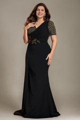 Curveins Elegant Plus Size Spliced V-Neck Floral Waistline Long Dress