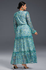 Curveins Plus Size Floral Print Lantern Sleeve Tiered Maxi Dress