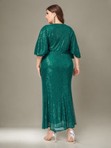 Curveins Plus Size Solid Color V-Neck High Waist Sequin Maxi Dress