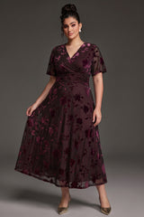 Curveins Plus Size Velvet Surplice Vintage Plain Maxi Dress
