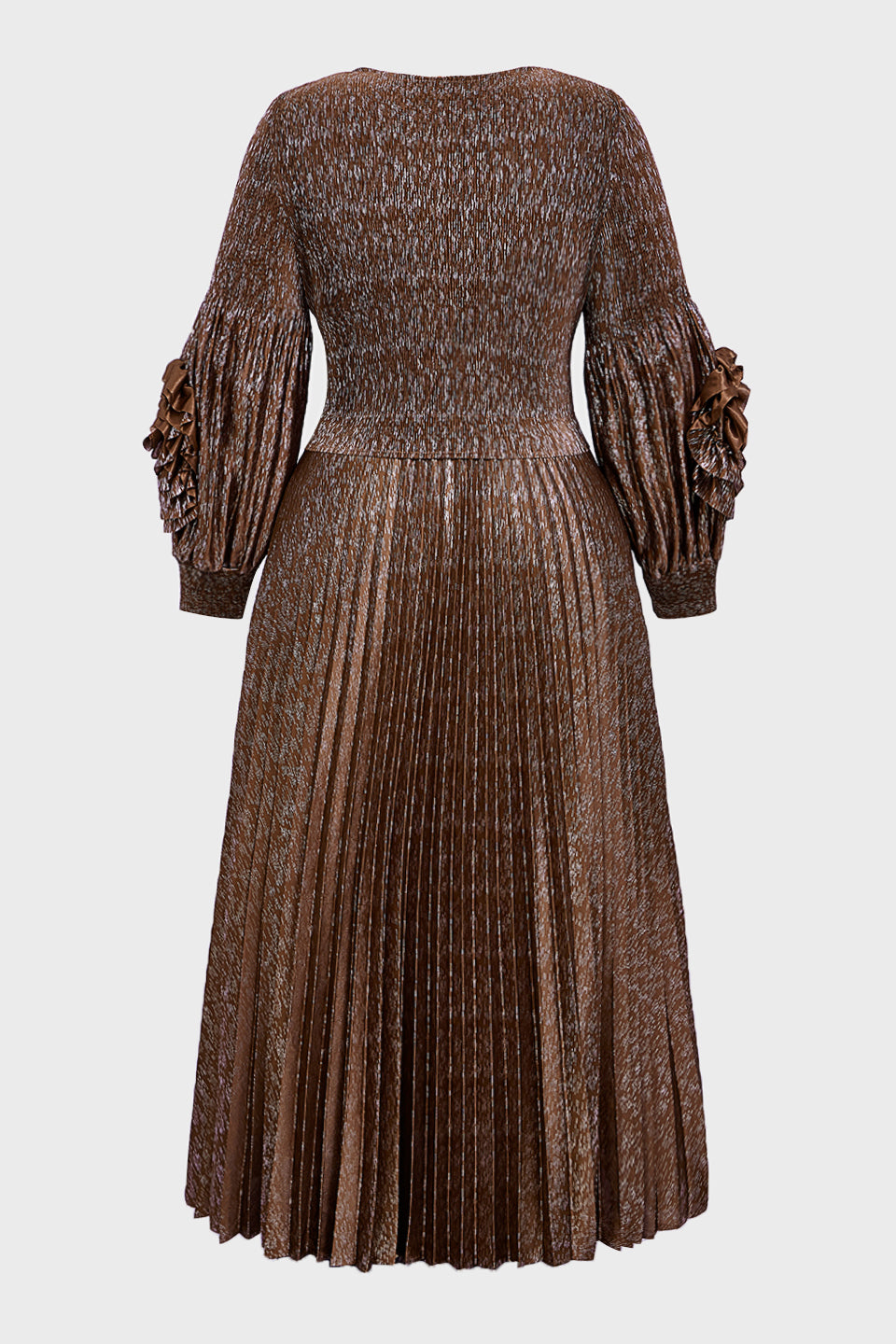 Curveins Plus Size V-Neck Long Sleeve Waist Tie Pleated Maxi Dress