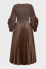 Curveins Plus Size V-Neck Long Sleeve Waist Tie Pleated Maxi Dress