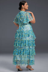 Curveins Plus Size V-Neck Floral Mesh Ruffled Maxi Dress