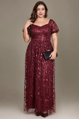 Curveins Plus Size Short Sleeve Embroidered Sequin Puff Sleeve Elegant Maxi Dress