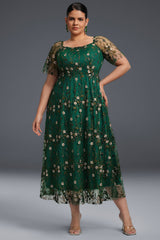 Curveins Plus Size Draped Collar Embroidered Ruffle Hem Maxi Dress