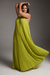 Curveins Plus Size Halter Neck Spaghetti Strap Floral Backless Pleated Maxi Dress