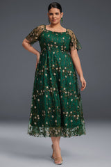 Curveins Plus Size Draped Collar Embroidered Ruffle Hem Maxi Dress