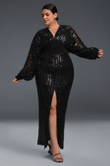 Curveins Plus Size V Neck Sequins Lantern Sleeve Slit Mesh Dress
