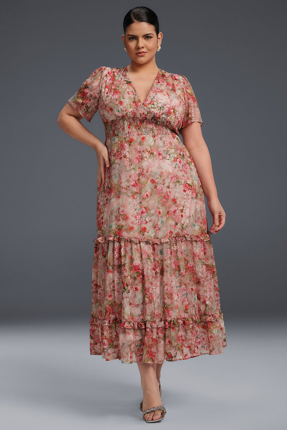 Curveins Plus Size V-Neck Floral Ruffle Sleeve Maxi Dress