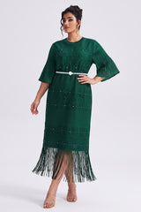 Curveins Plus Size Crew Neck Long Sleeve Stretch Fringe Hem Belted Midi Dress