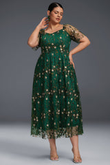 Curveins Plus Size Draped Collar Embroidered Ruffle Hem Maxi Dress