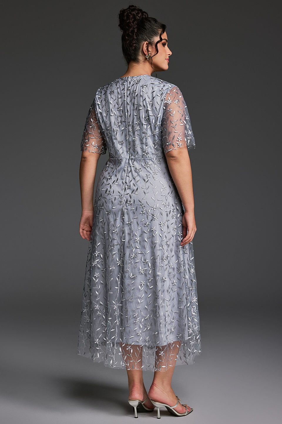 Curveins Plus Size V-Neck Ruffle Sleeve Embroidered Maxi Dress