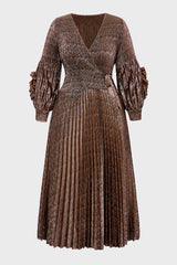 Curveins Plus Size V-Neck Long Sleeve Waist Tie Pleated Maxi Dress