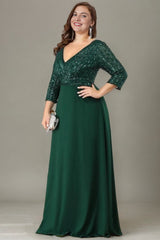 Curveins Plus Size Elegant Sequin Mid-Sleeve V-Neck Chiffon Flowy Maxi Dress