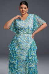 Curveins Plus Size V-Neck Floral Mesh Ruffled Maxi Dress